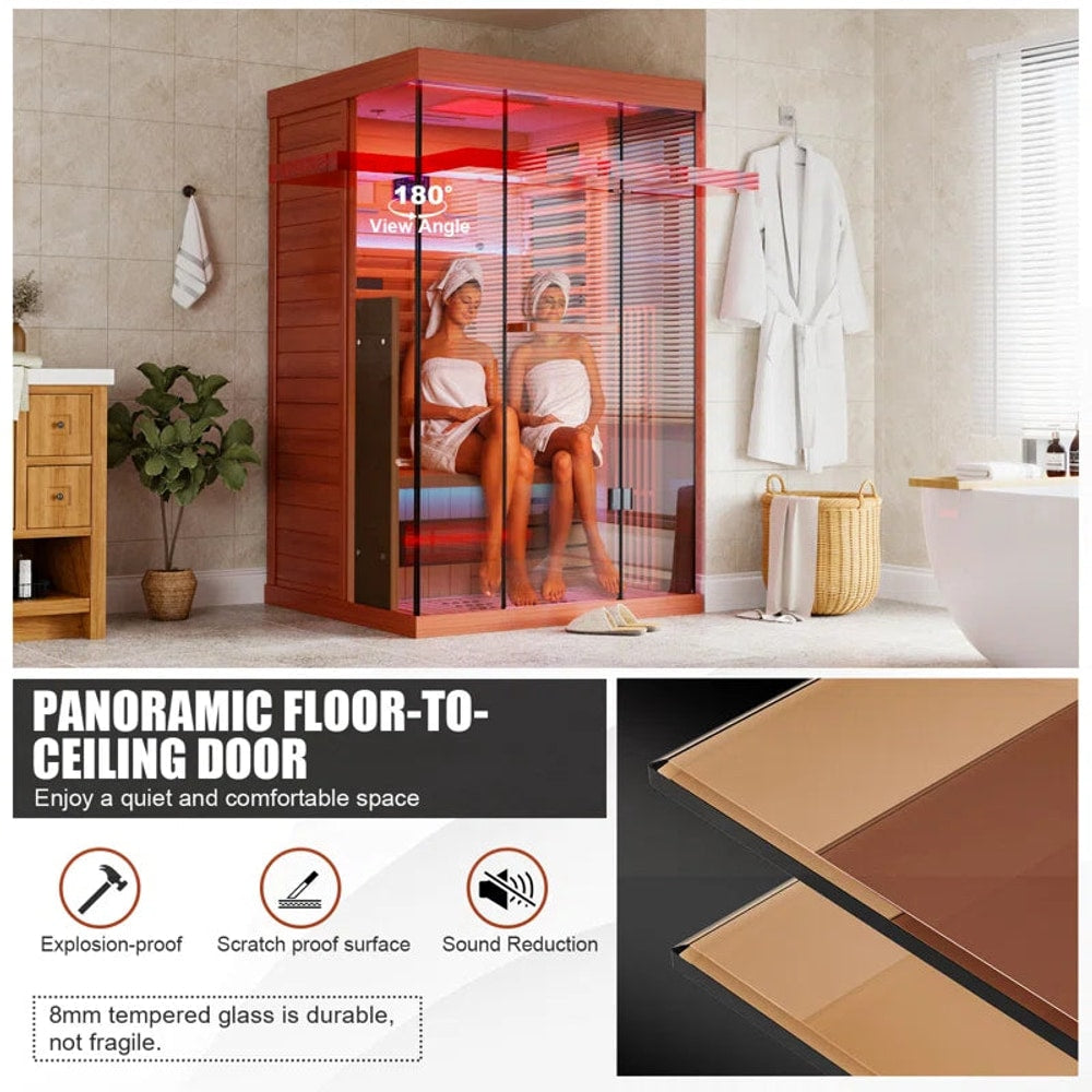 Full Spectrum Infrared Sauna,1-2 Person Home Sauna,Wooden Canadian Hemlock Indoor Spa Sauna with Resonance Speaker, Panoramic Tempered Glass Door