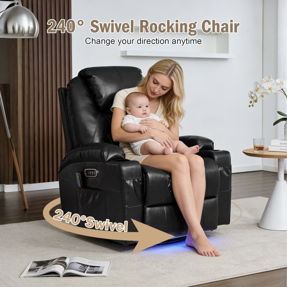Power Rocker Recliner Chair with Heat and Massage, 240° Swivel Recliner Chair with Lumbar Pillow/Cup Holder/Led Lights/Usb Ports, Black