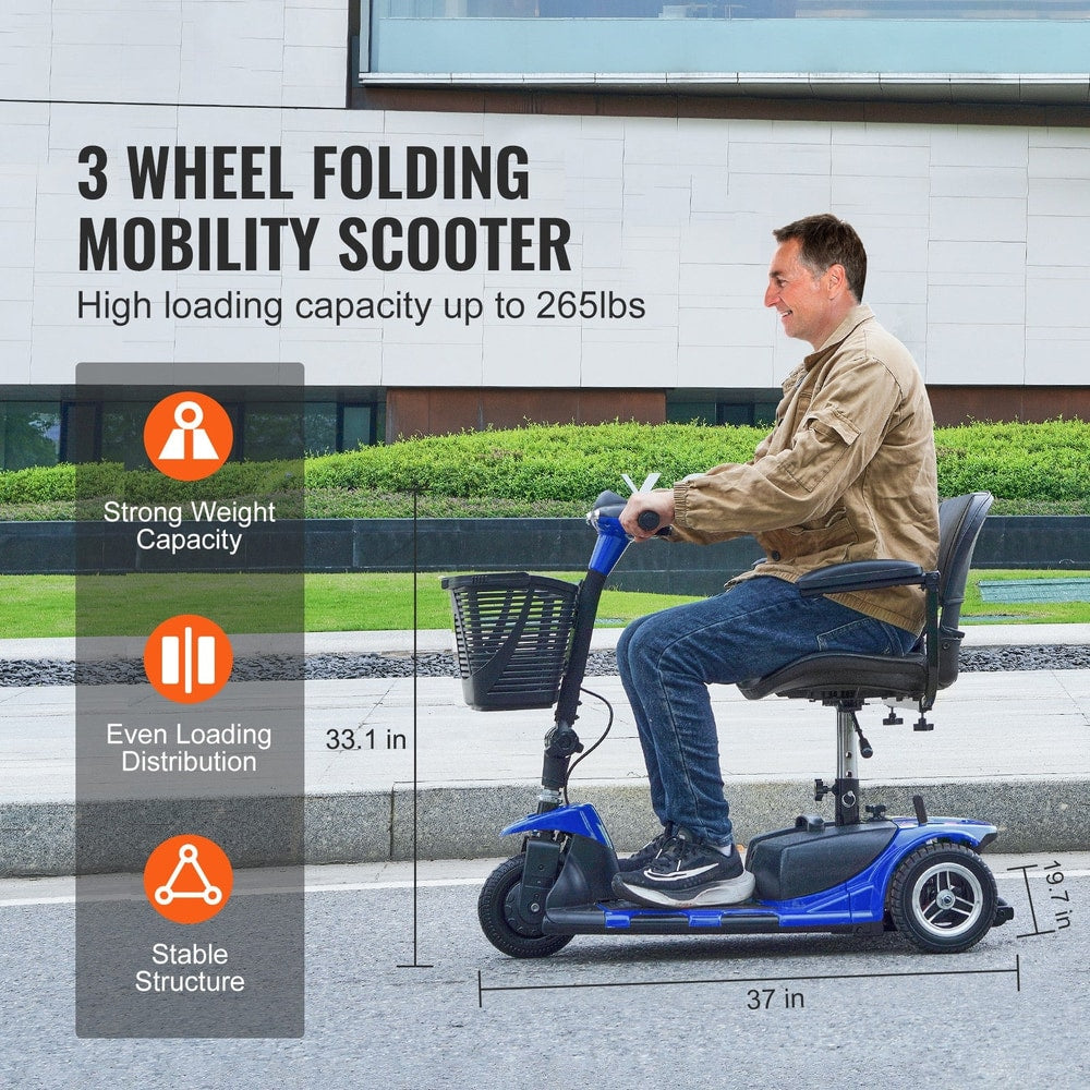 Uimoso 3-Wheel Folding Mobility Scooter for Seniors 12Mile Range 265LBS Capacity