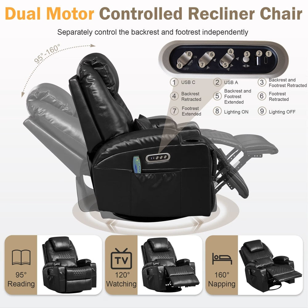 Power Rocker Recliner Chair with Heat and Massage, 240° Swivel Recliner Chair with Lumbar Pillow/Cup Holder/Led Lights/Usb Ports, Black