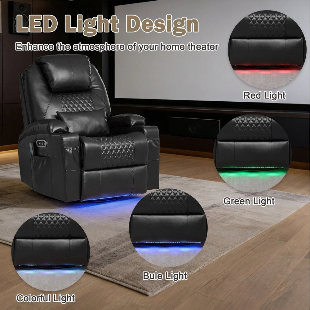 Power Rocker Recliner Chair with Heat and Massage, 240° Swivel Recliner Chair with Lumbar Pillow/Cup Holder/Led Lights/Usb Ports, Black