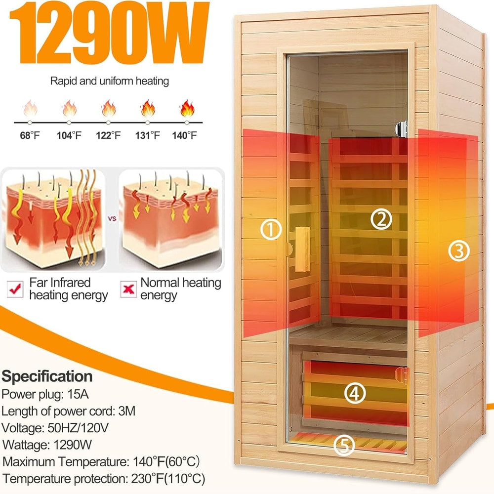 Far Infrared Sauna, 1 Person Infrared Sauna, Canadian Hemlock Wood 1290W Low-Emf Infrared Saunas for Home with Bluetooth Speakers, Reading Lamp