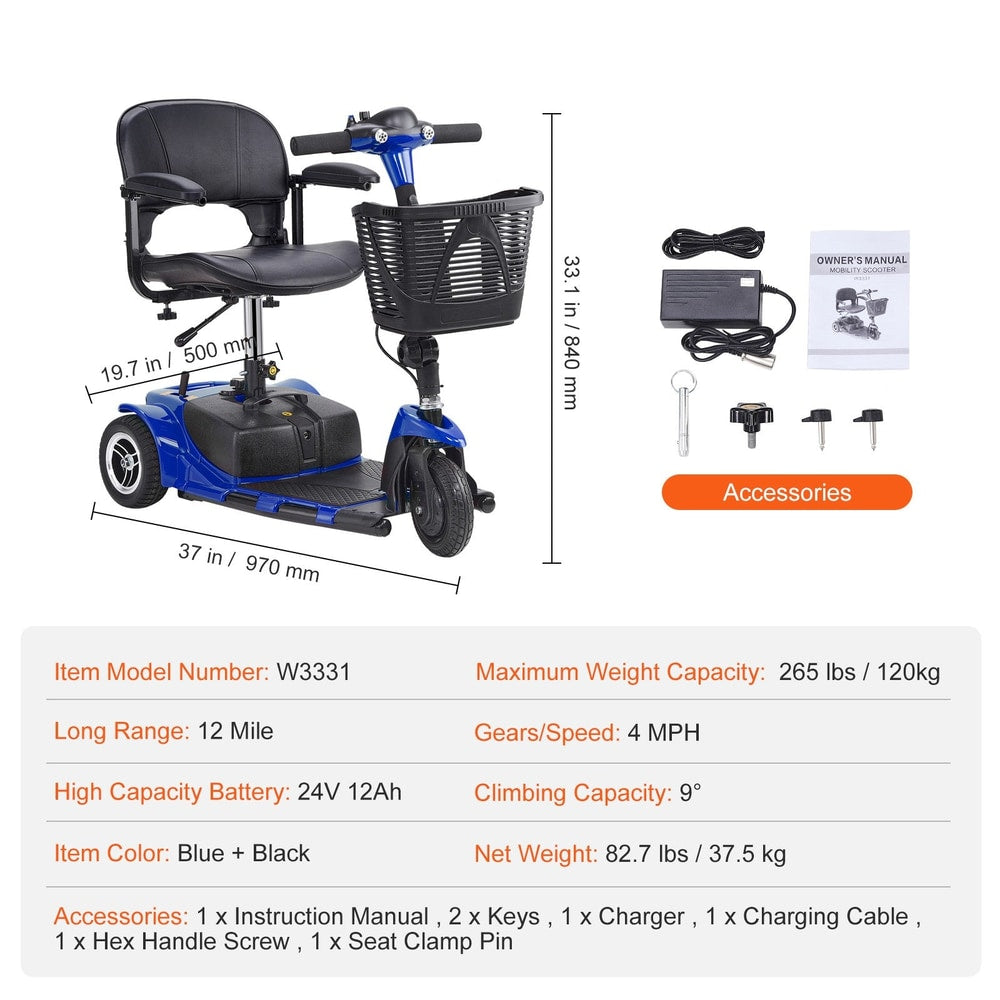 Uimoso 3-Wheel Folding Mobility Scooter for Seniors 12Mile Range 265LBS Capacity