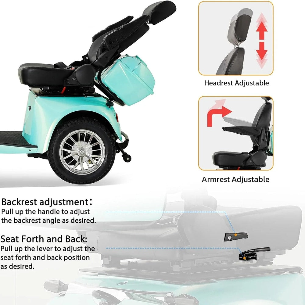 Mobility Scooter with Adjustable Seat & Storage Box, 4-Wheel, 800W Green