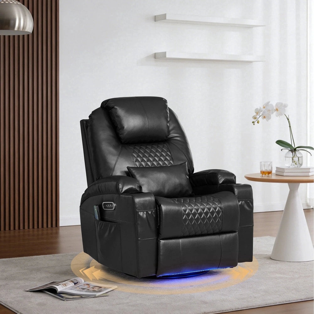 Power Rocker Recliner Chair with Heat and Massage, 240° Swivel Recliner Chair with Lumbar Pillow/Cup Holder/Led Lights/Usb Ports, Black