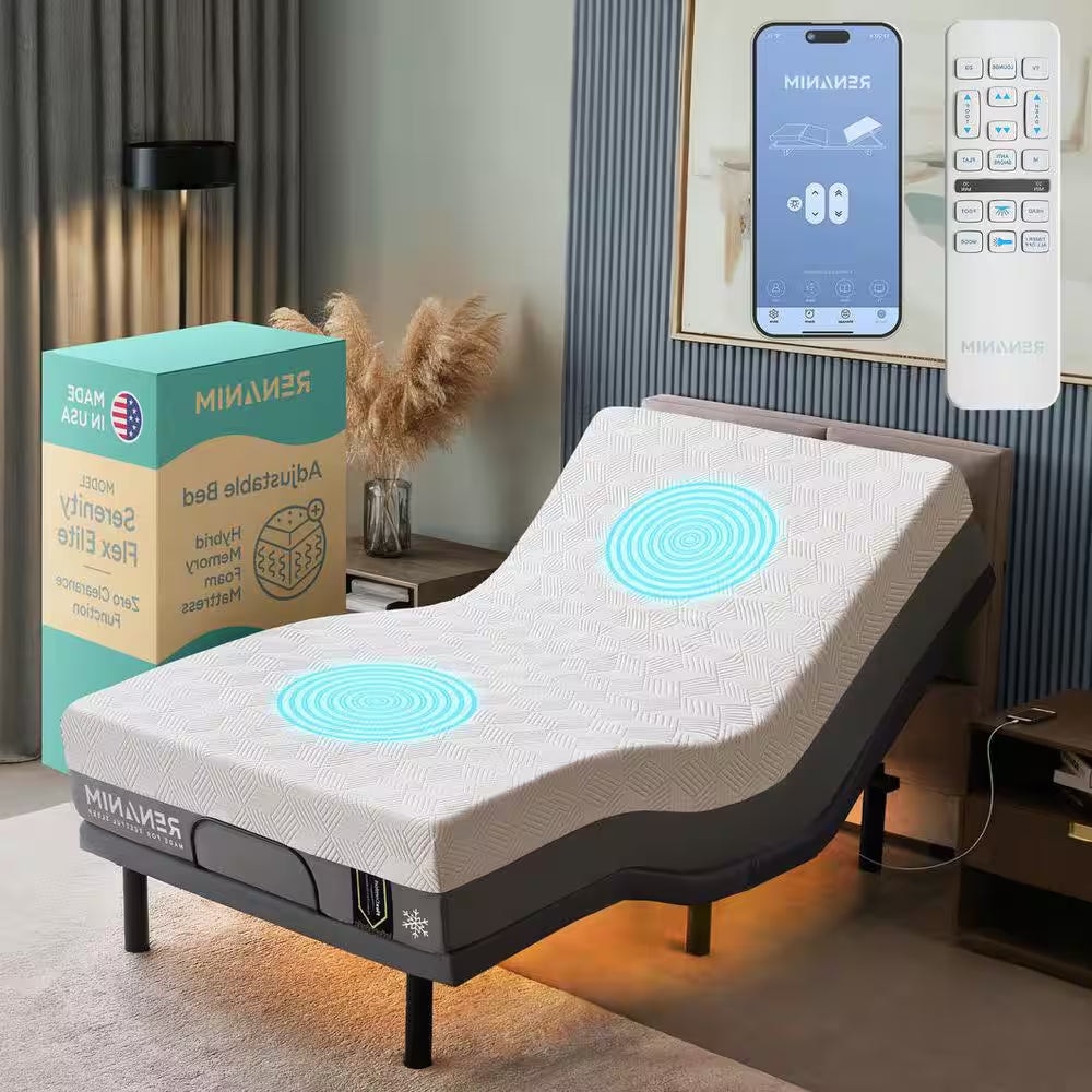 Gray Twin XL Adjustable Bed Frame Base with 14 In. Hybrid Mattress, Massage Wireless Remote Underbed Light Electric Bed