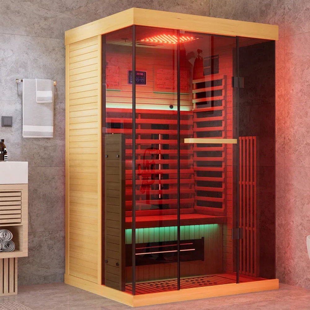 Full Spectrum Infrared Sauna,1-2 Person Home Sauna,Wooden Canadian Hemlock Indoor Spa Sauna with Resonance Speaker, Panoramic Tempered Glass Door