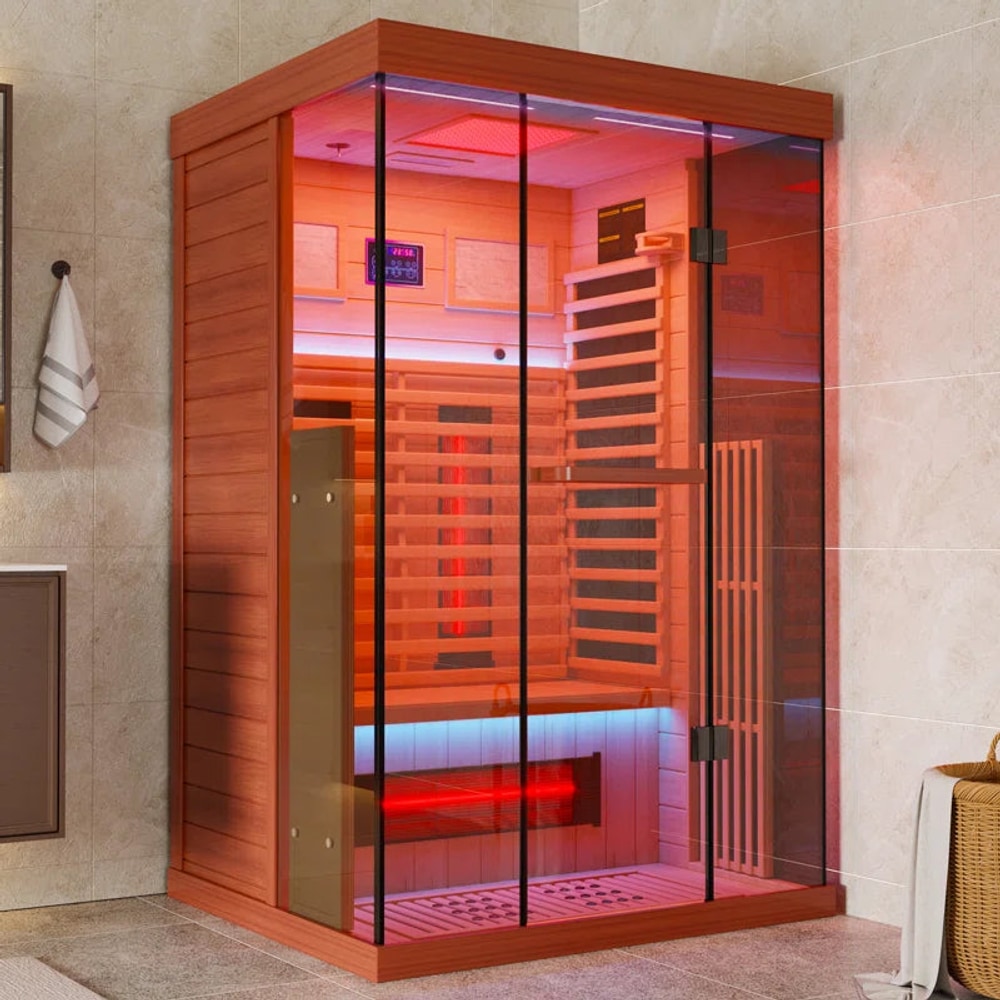 Full Spectrum Infrared Sauna,1-2 Person Home Sauna,Wooden Canadian Hemlock Indoor Spa Sauna with Resonance Speaker, Panoramic Tempered Glass Door