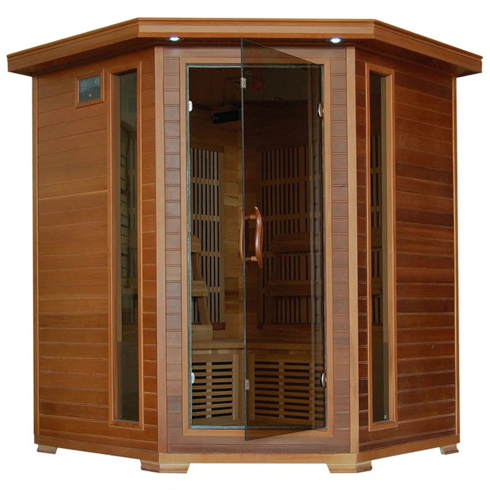 4-Person Cedar Corner Infrared Sauna with 10 Carbon Heaters