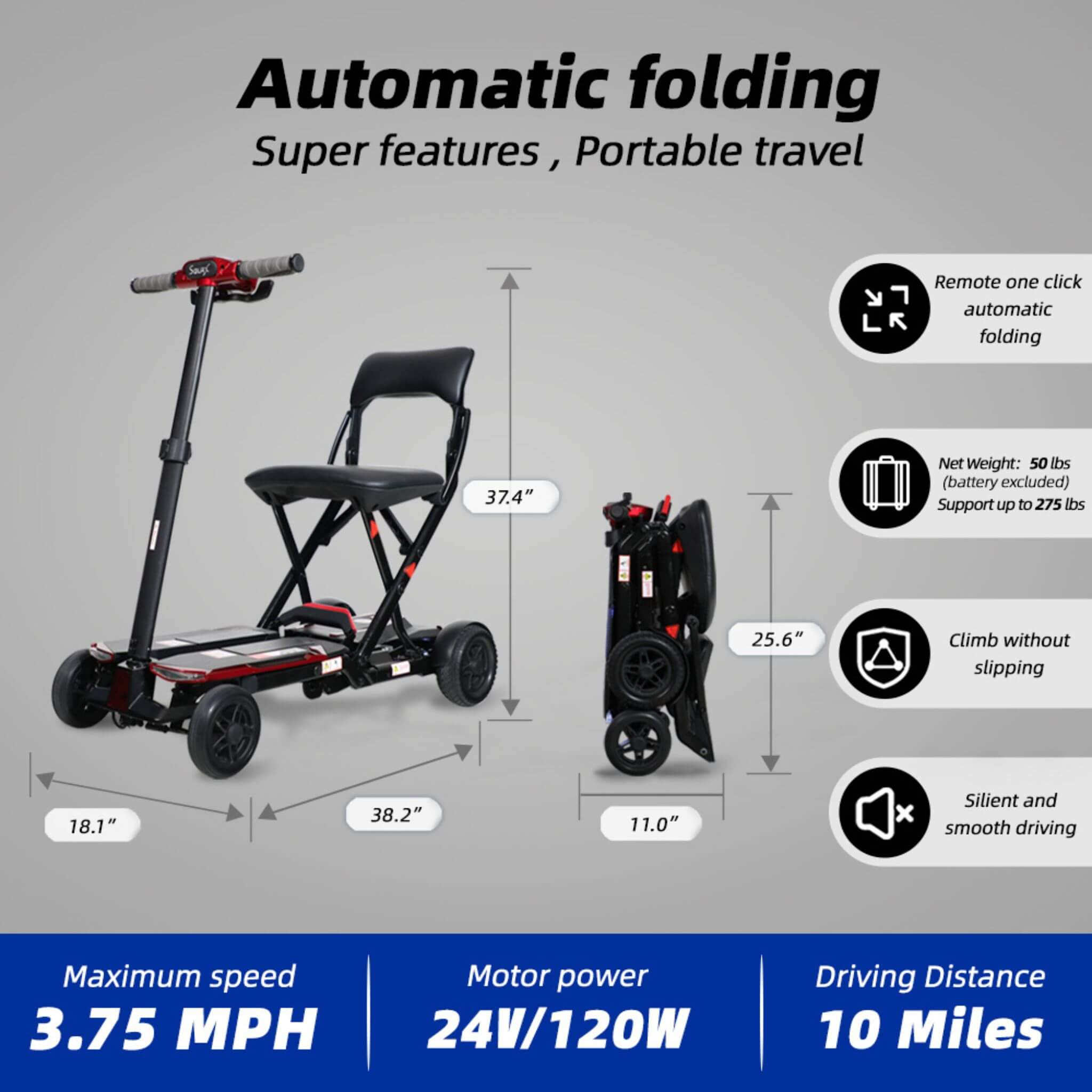 Ultra Lightweight 4-Wheel Folding Mobility Scooter With Remote For Adults And Elderly (SAK58976)