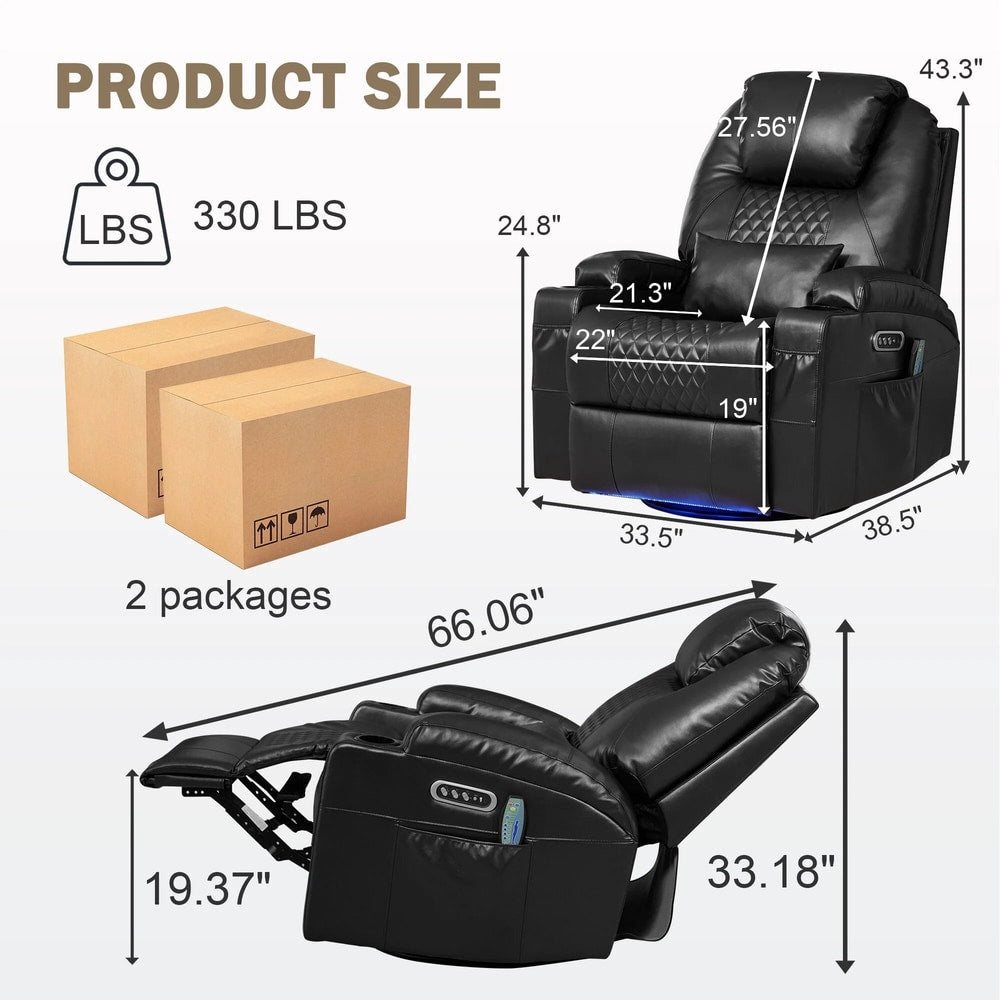Power Rocker Recliner Chair with Heat and Massage, 240° Swivel Recliner Chair with Lumbar Pillow/Cup Holder/Led Lights/Usb Ports, Black