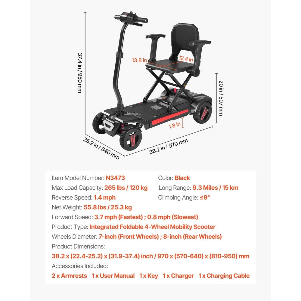 VEVOR 4-Wheel Electric Mobility Scooter Integrated Foldable Mobility Wheelchair
