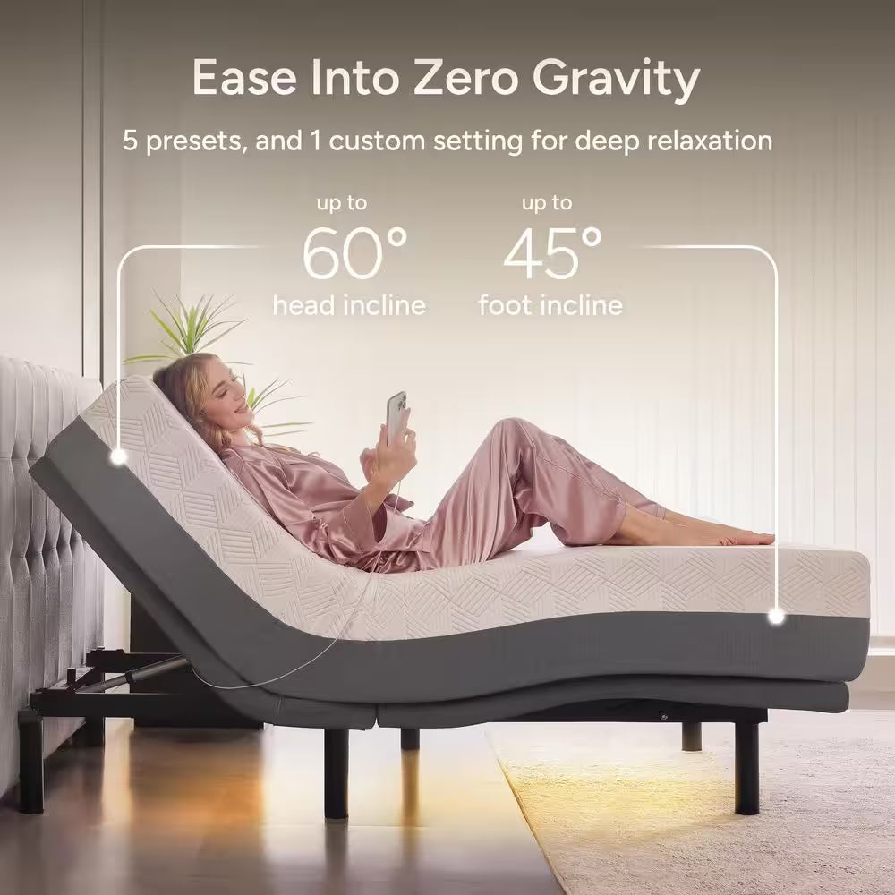 Gray Twin XL Adjustable Bed Frame Base with 14 In. Hybrid Mattress, Massage Wireless Remote Underbed Light Electric Bed