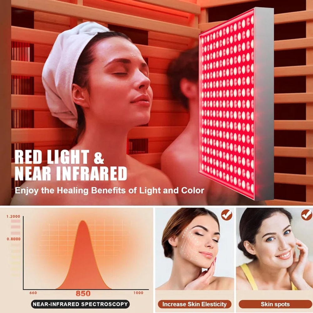 Full Spectrum Infrared Sauna，1-2 Person Home Sauna，Wooden Canadian Hemlock Indoor Spa Sauna with Resonance Speaker, Panoramic Tempered Glass Door