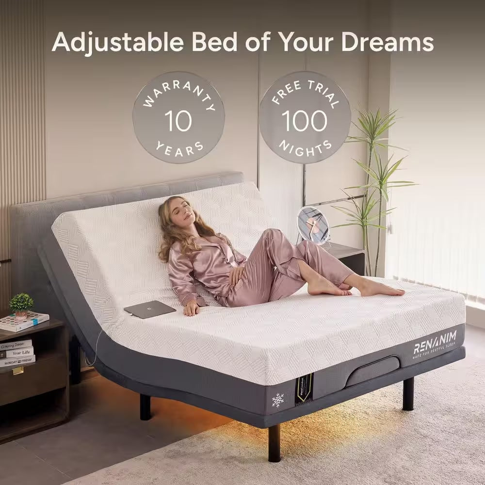 Gray Twin XL Adjustable Bed Frame Base with 14 In. Hybrid Mattress, Massage Wireless Remote Underbed Light Electric Bed