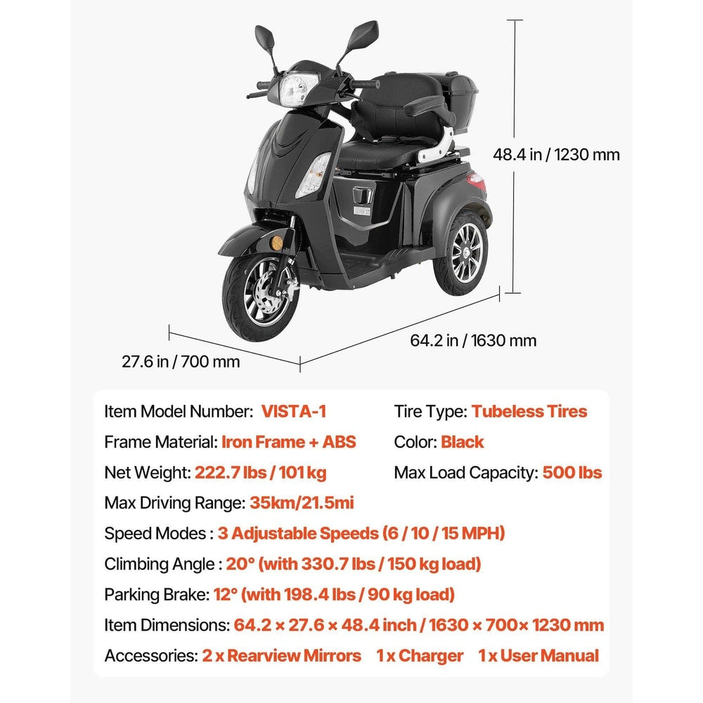 Uimoso Heavy-Duty 3-Wheel Mobility Scooter 21.5-Mile Range, 3-Speed, 500Lbs Load