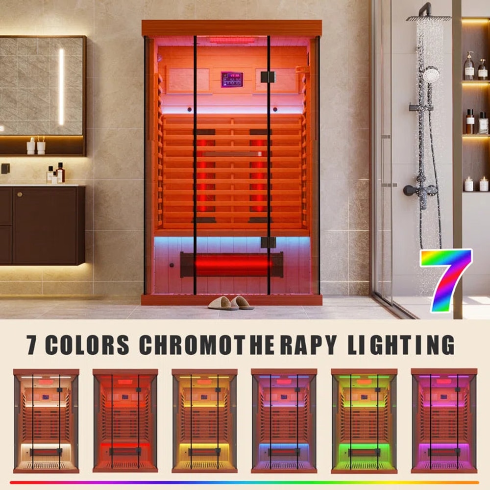 Full Spectrum Infrared Sauna，1-2 Person Home Sauna，Wooden Canadian Hemlock Indoor Spa Sauna with Resonance Speaker, Panoramic Tempered Glass Door