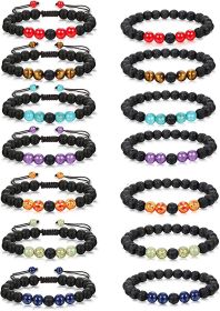 14 Pcs Lava Rock Chakra Stone Essential Oil Diffuser Bracelets Adjustable Yoga Bead Bracelet Set for Women Men Braided Rope Natural Meditation Colorfu