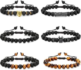 6Pcs Adjustable Lava Rock Stone Beads Bracelets for Men Women 8mm Black Matte Onyx Tiger Eye Natural Stone Black Essential Oil Diffuser Anxiety Bracel