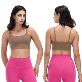 Women Strap Sport Bras Padded Strappy Crop Square Neck Low Impact Bras Sexy Fitness Tank Tops with Removable Pads Flat Straps for Gym Yoga Workout Run (Color: Brown, size: S)