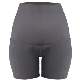 Women Maternity Shorts Seamless Pregnancy Underwear Shapewear Fitness Yoga Running Shorts High Waist Over The Belly Pants with Two Side Pockets (Color: Grey, size: L)