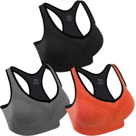 3 Packs Women Padded Sports Bras Yoga Fitness Push up Bra Female Top for Gym Running Workout Training (Color: Black/Grey/Orange, size: XL)