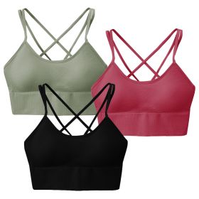 3Packs Women Cross Back Sport Bras Padded Strappy Medium Support Bras Sexy Fitness Tank Tops with Removable Pads for Gym Yoga Workout Running (Color: Green/Red/Black, size: S)