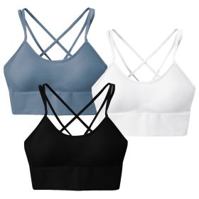 3Packs Women Cross Back Sport Bras Padded Strappy Medium Support Bras Sexy Fitness Tank Tops with Removable Pads for Gym Yoga Workout Running (Color: Black/White/Blue, size: XL)