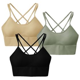 3Packs Women Cross Back Sport Bras Padded Strappy Medium Support Bras Sexy Fitness Tank Tops with Removable Pads for Gym Yoga Workout Running (Color: Green/Black/Beige, size: M)