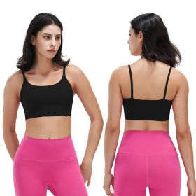 Women Strap Sport Bras Padded Strappy Crop Square Neck Low Impact Bras Sexy Fitness Tank Tops with Removable Pads Flat Straps for Gym Yoga Workout Run (Color: Black, size: S)