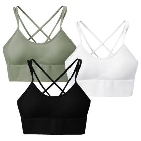 3Packs Women Cross Back Sport Bras Padded Strappy Medium Support Bras Sexy Fitness Tank Tops with Removable Pads for Gym Yoga Workout Running (Color: Green/Black/White, size: M)