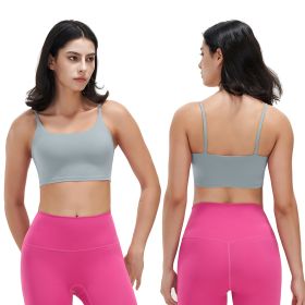 Women Strap Sport Bras Padded Strappy Crop Square Neck Low Impact Bras Sexy Fitness Tank Tops with Removable Pads Flat Straps for Gym Yoga Workout Run (Color: Grey, size: M)